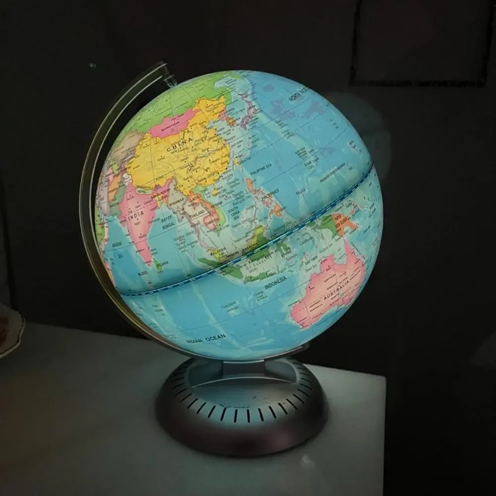 Light Up World Globe 9 in Silver Plastic Base Battery Operated